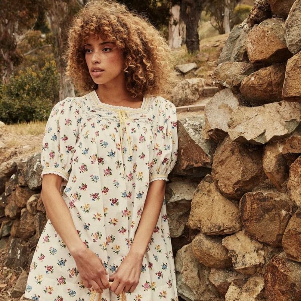 Doen Cadeau Floral Puff Sleeve Organic Cotton Mini Dress Fleurs de Jonquille L
